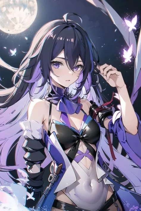 <lora:xier:1>,xier,1girl,butterfly,bug,purple eyes,long hair,moon,solo,purple hair,ahoge,breasts,full moon,bare shoulders,bangs,covered navel,looking at viewer,hair between eyes,multicolored hair,dress,blue butterfly,leotard,detached sleeves,cleavage,black hair,scarf,seele vollerei,, masterpiece,bestquality,8k,officialart,cinematiclight,ultrahighres,