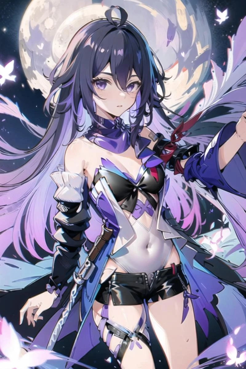 <lora:xier:1>,xier, 1girl, butterfly, solo, long hair, moon, purple hair, full moon, purple eyes, navel, ahoge, breasts, bangs, hair between eyes, looking at viewer, closed mouth, night, bare shoulders, cleavage,,leotard,dress, short shorts, black shorts,scarf , seele vollerei, masterpiece,bestquality,8k,officialart,cinematiclight,ultrahighres,