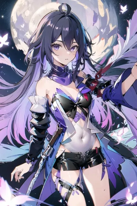 <lora:xier:1>,xier, 1girl, butterfly, solo, long hair, moon, purple hair, full moon, purple eyes, navel, ahoge, breasts, bangs, hair between eyes, looking at viewer, closed mouth, night, bare shoulders, cleavage,,leotard,dress, short shorts, black shorts,scarf ,  seele vollerei, masterpiece,bestquality,8k,officialart,cinematiclight,ultrahighres,