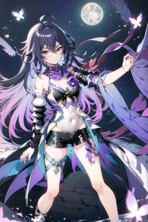 <lora:xier:1>,xier, 1girl, butterfly, solo, long hair, moon, purple hair, full moon, purple eyes, navel, ahoge, breasts, bangs, hair between eyes, looking at viewer, closed mouth, night, bare shoulders, cleavage,,leotard,dress, short shorts, black shorts,scarf ,  seele vollerei, masterpiece,bestquality,8k,officialart,cinematiclight,ultrahighres,