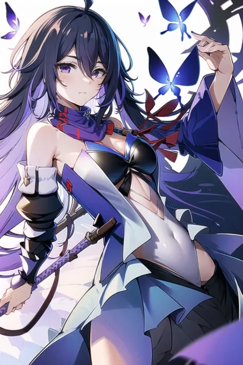 <lora:xier:1>,xier, 1girl, solo, butterfly, bug, breasts, looking at viewer, long hair, blue hair, purple eyes, bangs, weapon, blue butterfly, bare shoulders, covered navel, armpits, hair between eyes, ahoge, detached sleeves, purple hair, closed mouth, white background, medium breasts, blush,leotard,dress,scarf , seele vollerei, masterpiece,bestquality,8k,officialart,cinematiclight,ultrahighres,