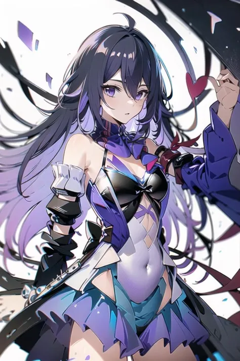 <lora:xier:1>,xier, 1girl, solo, purple eyes, purple hair, long hair, looking at viewer, bangs, dress, breasts, hair between eyes, purple dress, purple skirt, white background, cowboy shot, closed mouth, skirt, detached sleeves, leotard, dress, bare shoulders,scarf ,  seele vollerei, masterpiece,bestquality,8k,officialart,cinematiclight,ultrahighres,