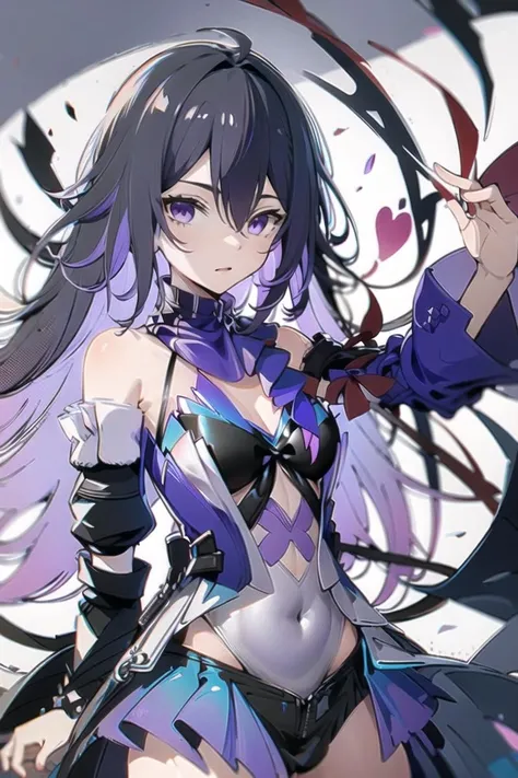 <lora:xier:1>,xier, 1girl, solo, purple eyes, purple hair, long hair, looking at viewer, bangs, dress, breasts, hair between eyes, purple dress, purple skirt, white background, cowboy shot, closed mouth, skirt, detached sleeves, leotard, dress, bare shoulders,scarf , seele vollerei, masterpiece,bestquality,8k,officialart,cinematiclight,ultrahighres,
