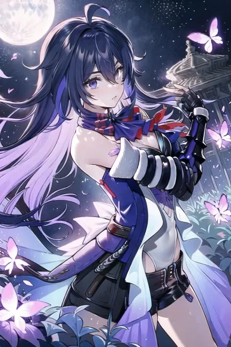 <lora:xier:1>,xier,1girl,butterfly,flower,bug,solo,long hair,moon,purple hair,shorts,purple eyes,night,gloves,looking at viewer,breasts,ahoge,sky,short shorts,night sky,black shorts,cleavage,full moon,outdoors,fingerless gloves,parted lips,bangs,bare shoulders,hair between eyes,star (sky),black gloves,petals,medium breasts,leotard,dress,scarf,seele vollerei,, masterpiece,bestquality,8k,officialart,cinematiclight,ultrahighres,