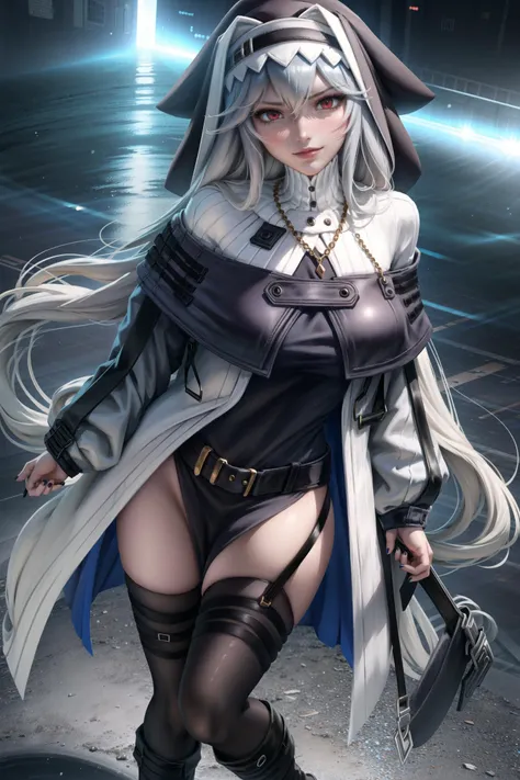 full body shot of a standing,  female, <lora:specter_arknights:1>, solo,  blush, smirk, annoyed, glaring, (specter_arknights:1.2), [(huge breasts:1.4):0.45], black footwear, black headwear, hood, black nails, black thighhighs, boots, capelet, coat, garter straps, grey capelet, grey coat, grey hair, hair between eyes, jewelry, knee boots, long hair, nail polish, necklace, off shoulder, red eyes, thighhighs, <lora:zumi:0.4> ,<lora:sakimichanStyle_v15Fix:0.4>, (skinny:1.3), (muscle relief, convex muscles:0.7), skindentation, detailed, intricate,