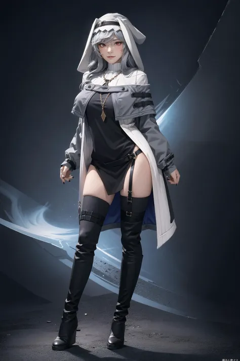full body shot of a standing  female, (hands behind back:1.4),<lora:specter_arknights:1>, solo,  blush, smirk, annoyed, glaring, (specter_arknights:1.2), [(huge breasts:1.4):0.45], black footwear, black headwear, (long hood:1.4), black nails, black thighhighs, boots, capelet, coat, garter straps, grey capelet, grey coat, grey hair, hair between eyes, jewelry, knee boots, long hair, nail polish, necklace, off shoulder, red eyes, (skinny:1.3), (muscle relief, convex muscles:0.7), skindentation, detailed, intricate,