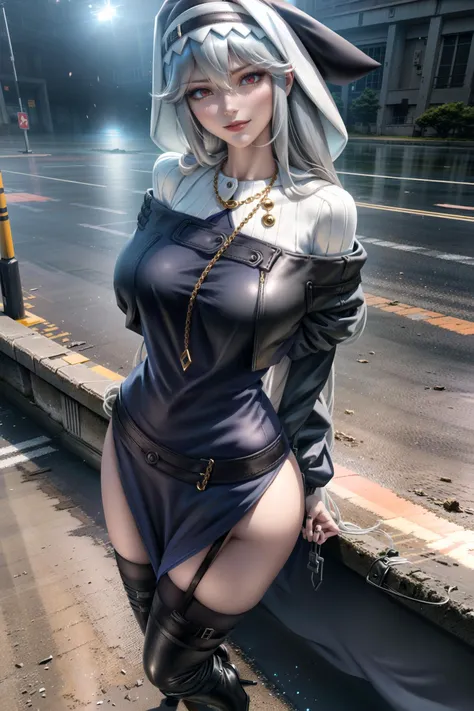full body shot of a standing  female, (hands behind back:1.4),<lora:specter_arknights:1>, solo,  blush, smirk, annoyed, glaring, (specter_arknights:1.2), [(huge breasts:1.4):0.45], black footwear, black headwear, (long hood:1.4), black nails, black thighhighs, boots, capelet, coat, garter straps, grey capelet, grey coat, grey hair, hair between eyes, jewelry, knee boots, long hair, nail polish, necklace, off shoulder, red eyes, <lora:zumi:0.5> ,<lora:sakimichanStyle_v15Fix:0.5>, (skinny:1.3), (muscle relief, convex muscles:0.7), skindentation, detailed, intricate,