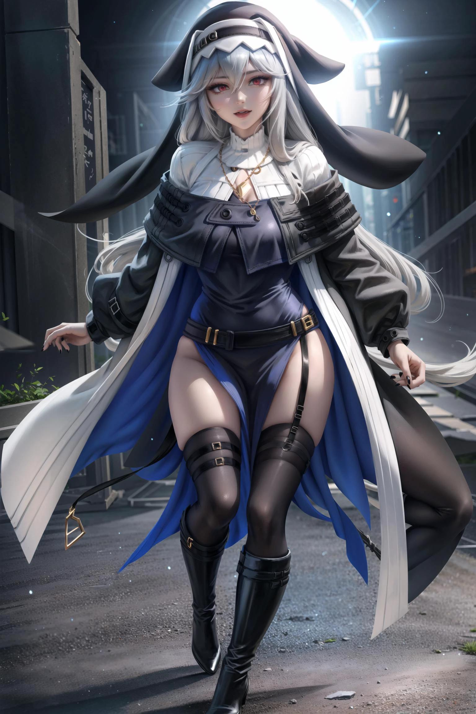 full body shot of a female, <lora:specter_arknights:1>, solo, specter_arknights, black footwear, black headwear, black nails, black thighhighs, garter straps, grey hair, hair between eyes, knee boots, long hair, necklace, pelvic curtain, red eyes, <lora:zumi:0.4> ,<lora:sakimichanStyle_v15Fix:0.4>, (skinny:1.3), (muscle relief, convex muscles:0.5), skindentation, detailed, intricate,