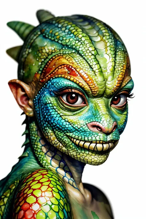 <lora:sd15_KaterinaSoria_locon_24_v1:.9> KaterinaSoria, close up on face, focus on eyes, (watercolor lizard face paint:1.2)