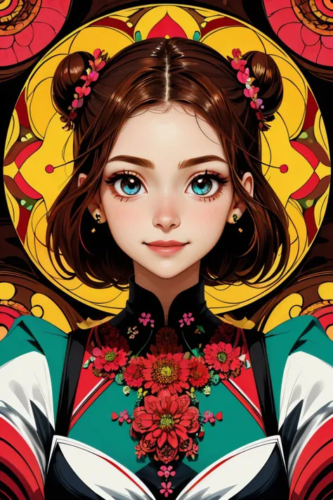 (abstract, symmetry, symmetrical,:1.15), <lora:sd15_KaterinaSoria_locon_24_v1:.9> KaterinaSoria , focus on eyes, close up on face, grinning, hair styled as flower bun,