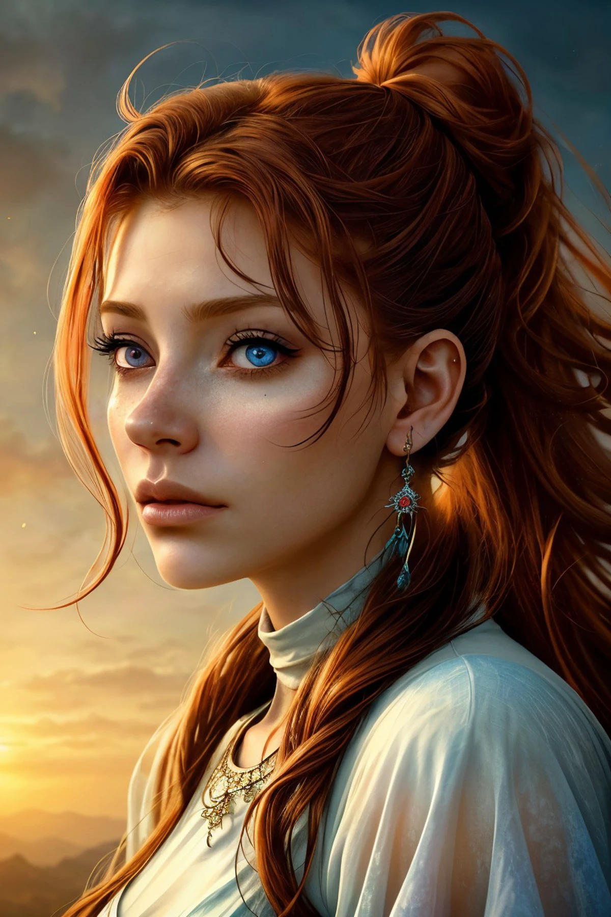 (ethereal fantasy concept art, magnificent, celestial, ethereal, painterly, epic, majestic, magical, fantasy art, cover art, dreamy:1.15), <lora:sd15_KaterinaSoria_locon_24_v1:.9> KaterinaSoria brown hair, focus on eyes, close up on face, pouting, wearing jewelry, Sunrise color hair styled as Curly Ponytail, desaturated grunge filter