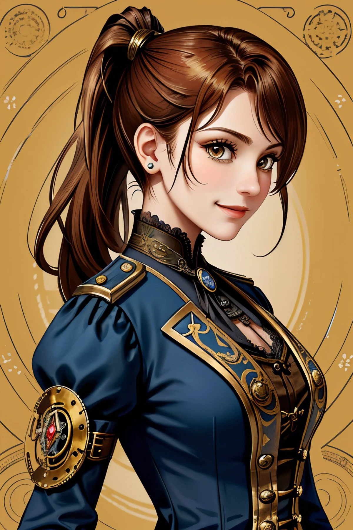 (steampunk style, gears, brass, Victorian, intricate, detailed:1.15), close range of <lora:sd15_KaterinaSoria_locon_24_v1:.9> KaterinaSoria , focus on smiling face, side view wearing a star trek uniform , her hair is styled as high ponytail hair,