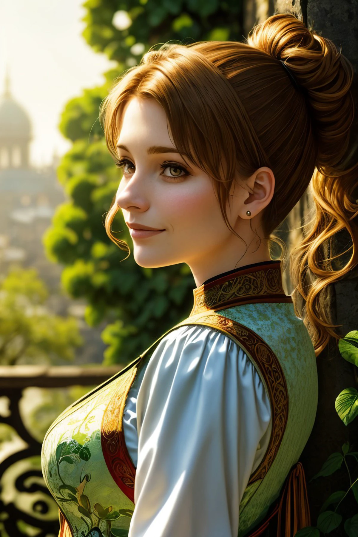 (nouveau style, ornamental, nature, highly detailed, Mucha style:1.15), (low angle, headshot:1.2) of <lora:sd15_KaterinaSoria_locon_24_v1:.9> KaterinaSoria , smiling, side view, she is wearing band uniform , her hair is styled as low ponytail, BREAK she is (in the terrace:1.1), dramatic rim lighting, color filter,prominent film grain ,
