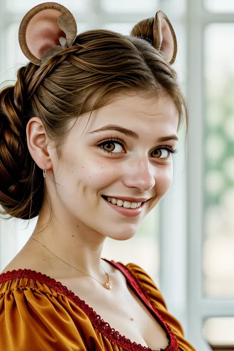 (shot from a Dutch angle, closeup on face:1.2) of photo of <lora:sd15_KaterinaSoria_locon_24_v1:.9> KaterinaSoria, smiling, she is wearing mouse costume , her hair is styled as dutch braid, BREAK she is (in the lounge:1.1), soft diffused lighting, 50mm ,Ektar 100 ,