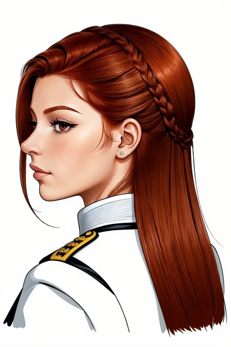 ((line art drawing:1.2), professional, sleek, modern, minimalist, graphic, line art, vector graphics,:1.15), headshot of <lora:sd15_KaterinaSoria_locon_24_v1:.9> KaterinaSoria brown hair, focus on face, from behind wearing a military uniform , her Cinnamon color hair is styled as fishtail side braid,