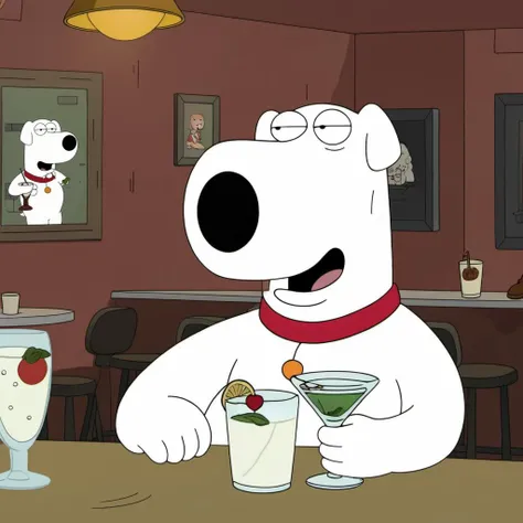 a drunk brian griffin with a funny face having a cocktail in a pub <lora:Brian1024:0.8>