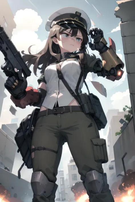 masterpiece, best quality, 1girl, white military uniform, white military hat, military, pants, pose, explosion, ruins, shell casing, bullets, serious face, scar on face, holding a gun, assault rifle, <lyco:mecha_gauntlets_v11:0.6>, oversized mechanical gauntlets