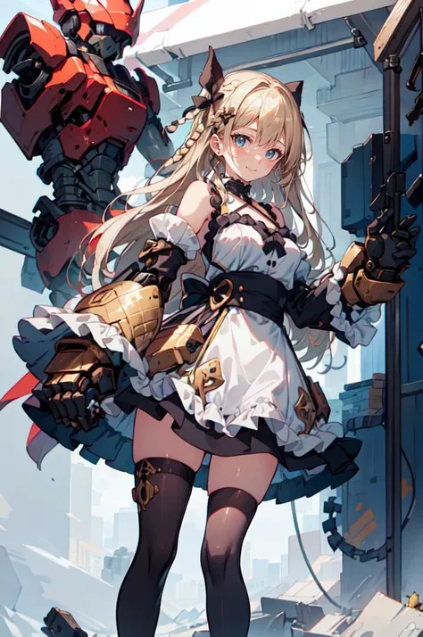 <lora:mecha_gauntlets_v11:0.7> oversized mechanical gauntlets,, ultra detailed, masterpiece, best quality, aesthetic, detailed,, solo, soft smile, light smile,
1girl, blue eyes, very long hair, blonde hair, long blonde hair, french braid, bangs, medium breasts,, hair ribbon, frilled choker, criss-cross halter, sleeveless dress, high-waist skirt, backless dress, waist bow, detached sleeves, frilled sleeves, wide sleeves, pantyhose, patterned legwear, mary janes,