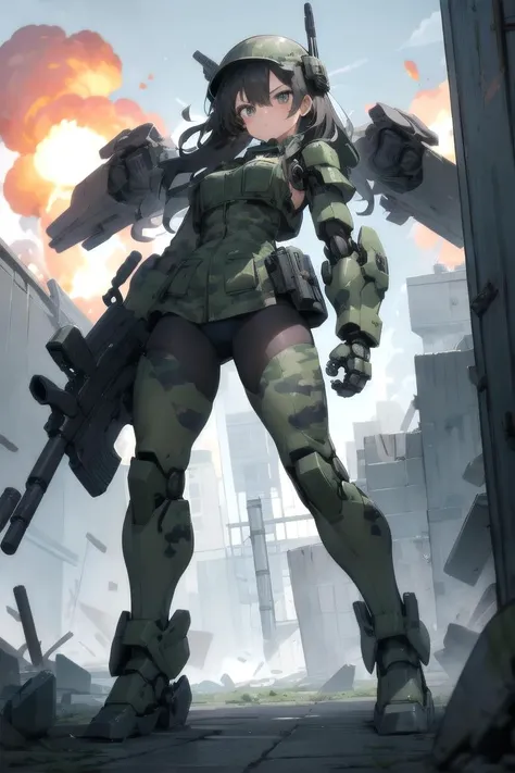 masterpiece, best quality, 1girl, full body, military uniform, military helmet, camouflage, military, camouflage pants, pose, explosion, ruins, shell casing, bullets, serious face, scar on face, (gun arm:1.3), huge weapon, mecha gun, <lyco:mecha_gauntlets_v11:0.7>, oversized mechanical gauntlets