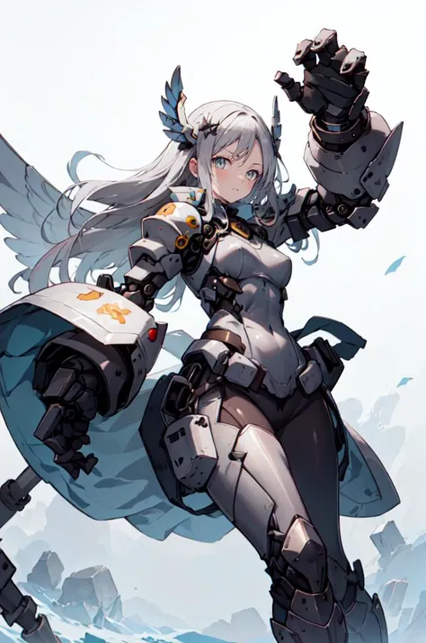 <lora:mecha_gauntlets_v11:0.7> oversized mechanical gauntlets, fighting stance,, ultra detailed, masterpiece, best quality, aesthetic, detailed,, serious, 1girl, (white eyes:1.1), (grey eyes:1.3), white hair, very long hair, parted hair, parted bangs, <lora:parted_hair_v1.3:1.3>, medium breasts,, valkyrie, (bodysuit:1.1), pink wing hair ornament, grey armored skirt, black bodysuit, armor, gauntlets, pink breastplate, greaves, armored dress, pink hues,