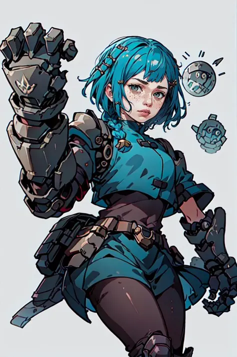 <lora:mecha_gauntlets_v11:0.7> oversized mechanical gauntlets, fighting stance,   <lora:Powder:0.65> powder from arcane, blue hair, asymmetrical bangs, bangs, hairclip, hair ornament, short hair, braid, single braid, grey eyes, freckles, lips,, ultra detailed, masterpiece, best quality, aesthetic, detailed,