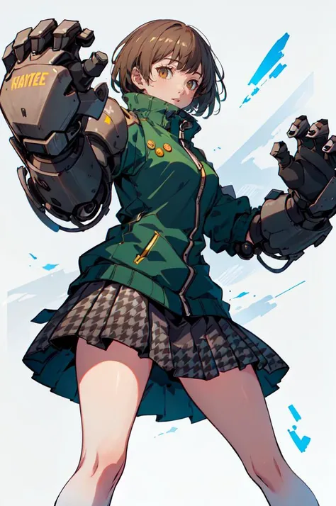 <lora:mecha_gauntlets_v11:0.7> oversized mechanical gauntlets, fighting stance,  <lora:zs_Chie:1> brown eyes, short brown hair, chiep4, chiedef, tracksuit, skirt, badge, white socks, houndstooth, ultra detailed, masterpiece, best quality, aesthetic, detailed,