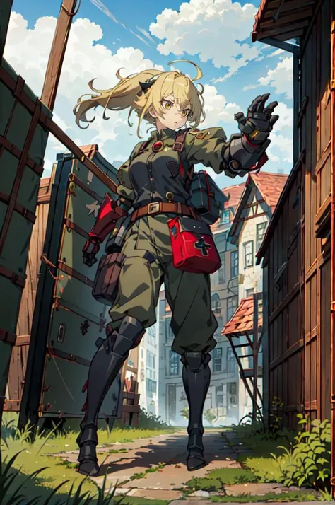 <lora:mecha_gauntlets_v11:0.7> oversized mechanical gauntlets, fighting stance,   <lora:TanyavonDegurechaff001:0.5> TanyavonDegurechaff, ahoge,military hat,ponytail, red pendant, military uniform, belt, pants, boots, air_combat_mage, (iron cross:1.2),(front waist big bag:1.2), porch,, ultra detailed, masterpiece, best quality, aesthetic, detailed,