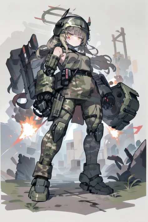 masterpiece, best quality, 1girl, full body, military uniform, military helmet, camouflage, military, camouflage pants, pose, explosion, ruins, shell casing, bullets, serious face, scar on face, (gun arm:1.3), huge weapon, mecha gun, <lyco:mecha_gauntlets_v11:0.7>, oversized mechanical gauntlets,