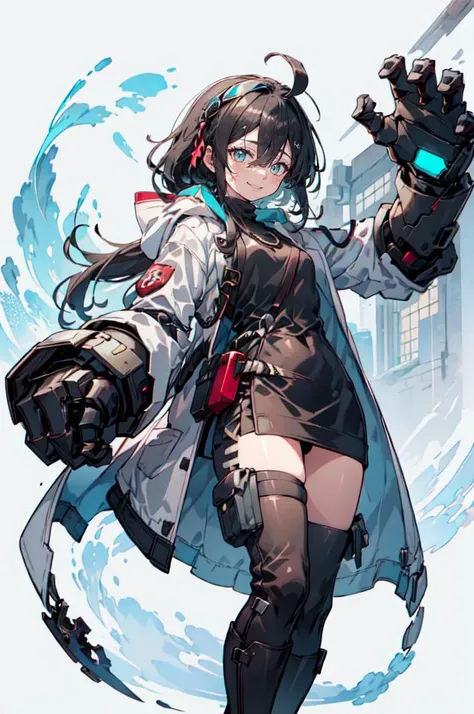 <lora:mecha_gauntlets_v11:0.7> oversized mechanical gauntlets, fighting stance,, ultra detailed, masterpiece, best quality, aesthetic, detailed,, solo, smile, 1girl, aqua eyes, black hair, <lora:low_ponytail-1.0:0.8> low ponytail, ahoge, absurdly long hair, very long hair, hair flaps, hair between eyes, bangs, messy hair, small breasts, goggles on head,, hooded coat, open coat, turtleneck, pants, black knee boots, multiple straps, white coat, layered clothes, hair ribbon, pants under skirt,