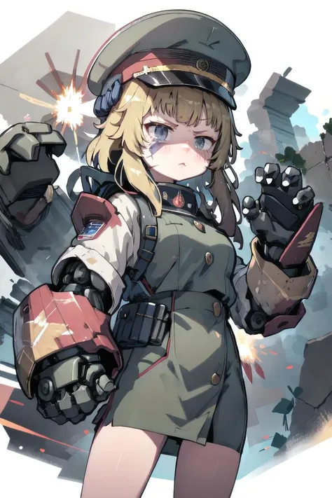 masterpiece, best quality, 1girl, military uniform, military hat, military, action pose, explosion, ruins, shell casing, bullets, serious face, scar on face, <lyco:mecha_gauntlets_v11:0.7>, oversized mechanical gauntlets