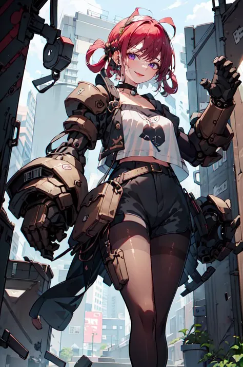 <lora:mecha_gauntlets_v11:0.7> oversized mechanical gauntlets, fighting stance,, ultra detailed, masterpiece, best quality, aesthetic, detailed,, solo, seductive smile, red lips,
1girl, purple eyes, red hair, blunt bangs, medium breasts, <lora:hair_rings:1> low hair rings, <lora:EllaNyan:1>,, taut clothes, choker, bandeau, elbow gloves, taut shorts, lowleg shorts, navel, groin tendon, belt, patterned legwear, pantyhose, (pantyhose under shorts:1.2), high heel boots,