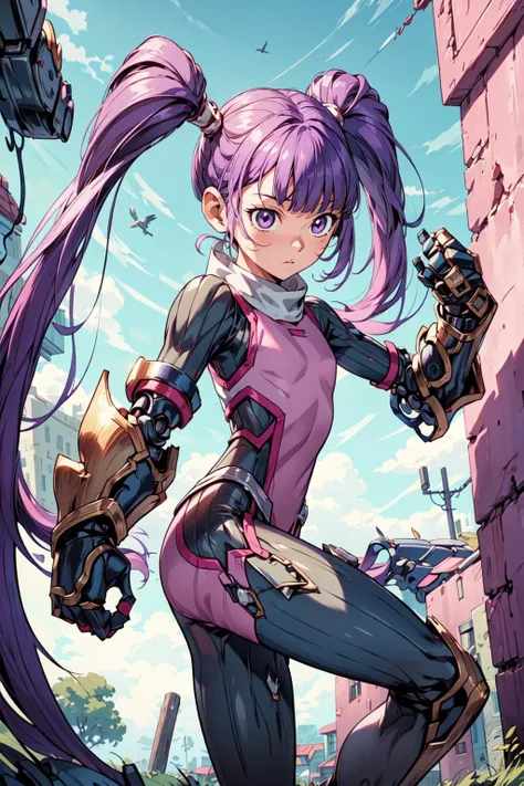 1girl, girl, solo, <lora:Sophie_TalesOf:0.9>, Sophie_TalesOf, purple hair, long twintails, flat chest, pink bodysuit, outdoors, medieval, dynamic pose, fighting stance, <lora:add_detail:0.7>, <lora:mecha_gauntlets_v11:0.4>, oversized mechanical gauntlets,