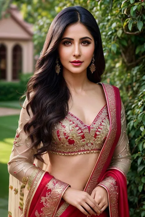 photo of seductive (k4trik4if-125:0.99), a woman as a sexy housewife, (closeup portrait:1.2), (sari:1.1), in a (garden with a house in the background), (long trousers), (masterpiece:1.5) (photorealistic:1.1) (bokeh) (best quality) (detailed skin texture pores hairs:1.2) (intricate) (8k) (HDR) (wallpaper) (cinematic lighting) (sharp focus), (vivid atmosphere), (face focus), (apple trees), (red lips)
