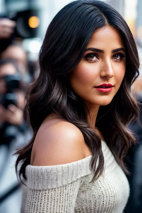 photo of beautiful (k4trik4if-125:0.99), a woman with beautiful hair, as a movie star in a (movie premiere), premiere gala, (near a movie theatre), natural skin texture, (sweater off-shoulder with a strap), 24mm, 4k textures, soft cinematic light, adobe lightroom, photolab, hdr, intricate, elegant, highly detailed, sharp focus, ((((cinematic look)))), soothing tones, insane details, intricate details, hyperdetailed, low contrast, soft cinematic light, exposure blend, hdr, faded, (paparazzi in background), (red lips:1.1)