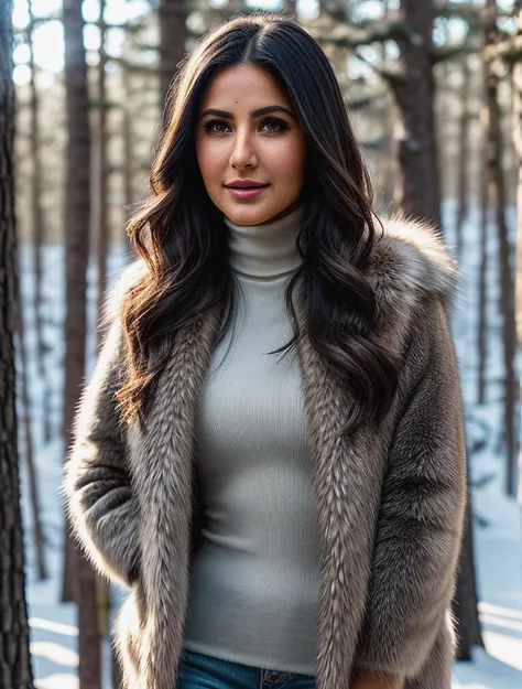 a beautiful woman (k4trik4if:.99), beautiful hair, winter forest, elegant, snowing, natural skin texture, (fashionable fur coat), (turtleneck), sunny day, cute smile, 24mm, 4k textures, soft cinematic light, adobe lightroom, photolab, hdr, intricate, elegant, highly detailed, sharp focus, ((((cinematic look)))), soothing tones, insane details, intricate details, hyperdetailed, low contrast, soft cinematic light, exposure blend, hdr, faded, <lora:more_details:.6>
