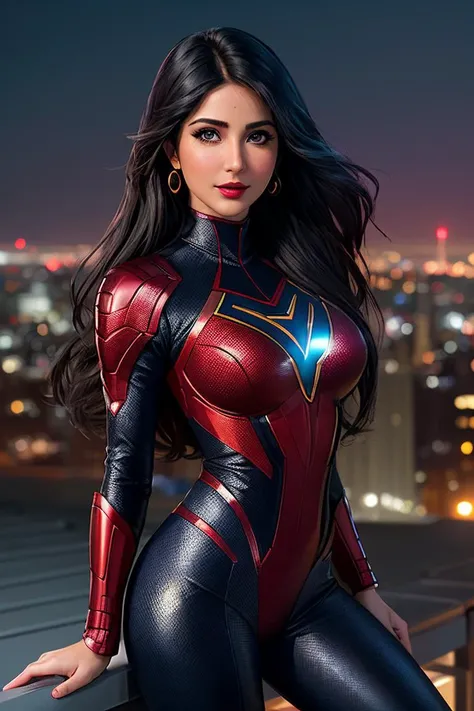 photo of seductive (k4trik4if-125:0.99), a woman as a sexy superhero, (closeup portrait:1.2), (tight marvel superhero outfit:1.1), in a (rooftop with a cityscape in the backgroundn), (long trousers), (masterpiece:1.5) (photorealistic:1.1) (bokeh) (best quality) (detailed skin texture pores hairs:1.2) (intricate) (8k) (HDR) (wallpaper) (cinematic lighting) (sharp focus), (vivid atmosphere), (face focus), (red lips)