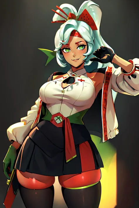 Highly detailed, High Quality, Masterpiece, beautiful, PurahOutfit, <lora:PurahOutfit:1>, 1girl, solo, cowboy shot, light smile, hair ornament, gloves, hair stick, black gloves, pantyhose, skirt, thighs, clothing cutout, cameltoe, red thighhighs, headband, xbox-chan, ponytail, green hair ribbon, <lora:Char_Meme_Xboxchan:0.9>