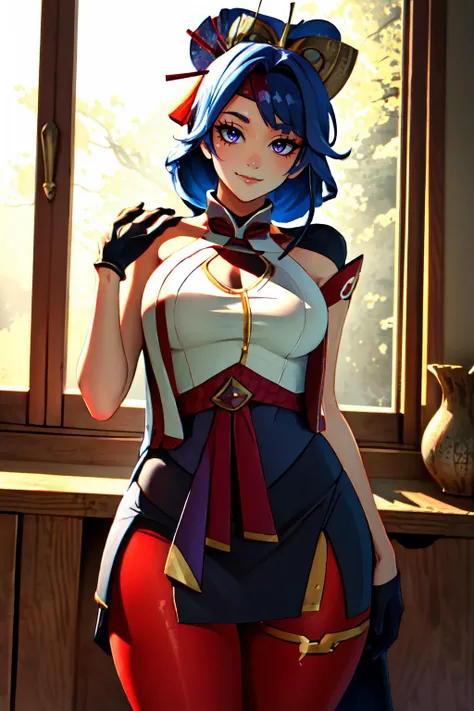 Highly detailed, High Quality, Masterpiece, beautiful, PurahOutfit, <lora:PurahOutfit:1>, 1girl, solo, cowboy shot, light smile, hair ornament, gloves, hair stick, black gloves, pantyhose, skirt, thighs, clothing cutout, cameltoe, red thighhighs, headband, Raiden_Shogun_\(genshin impact\), Raiden_Shogun:1.2, blue hair, long hair, <lora:Char_GenshinImpact_RaidenShogun:0.8>