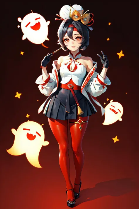 Highly detailed, High Quality, Masterpiece, beautiful, PurahOutfit, <lora:PurahOutfit:0.8>, 1girl, solo, full body, light smile, hair ornament, gloves, hair stick, black gloves, red pantyhose, skirt, thighs, clothing cutout, cameltoe, headband, high heels, hu tao (genshin impact), boo tao, flower-shaped pupils, red eyes:1.4, flower, black hair, <lora:Char_GenshinImpact_HuTao:0.7>