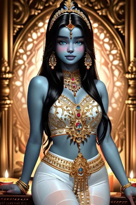 (DV_Ducky_Vicious) ((stunning, high quality, portrait, Hindu deity, (blue skin:1.17) black hair, white pantyhose, ornate jewelry, intricate details, soft lighting, bokeh), surreal, mystical, goddess, divine, serene, oil painting, realistic, elegant, traditional), vibrant background, ethereal atmosphere