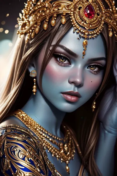 (DV_Gigi_Vicious) ((close-up, stunning, high quality, portrait, Hindu deity, (blue skin:1.12) pantyhose, ornate jewelry, intricate details, soft lighting, bokeh), surreal, mystical, goddess, divine, serene, oil painting, realistic, elegant, traditional), vibrant background, ethereal atmosphere