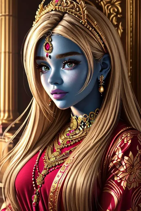 (DV_Ducky_Vicious) ((close-up, stunning, high quality, portrait, Hindu deity, blue skin, pantyhose, ornate jewelry, intricate details, soft lighting, bokeh), surreal, mystical, goddess, divine, serene, oil painting, realistic, elegant, traditional), vibrant background, ethereal atmosphere