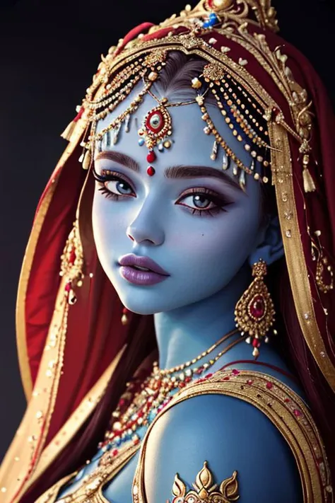 (DV_Juliette_Vicious) ((close-up, stunning, high quality, portrait, Hindu deity, blue skin, pantyhose, ornate jewelry, intricate details, soft lighting, bokeh), surreal, mystical, goddess, divine, serene, oil painting, realistic, elegant, traditional), vibrant background, ethereal atmosphere