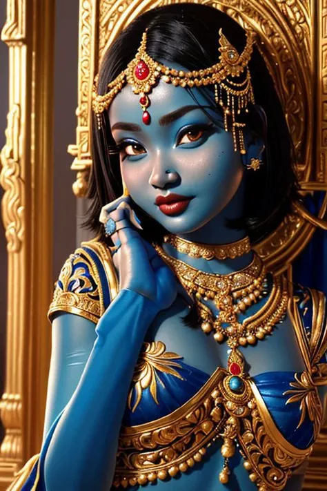 (DV_Lianelle_Vicious) ((close-up, stunning, high quality, portrait, Hindu deity, (blue skin:1.12) pantyhose, ornate jewelry, intricate details, soft lighting, bokeh), surreal, mystical, goddess, divine, serene, oil painting, realistic, elegant, traditional), vibrant background, ethereal atmosphere