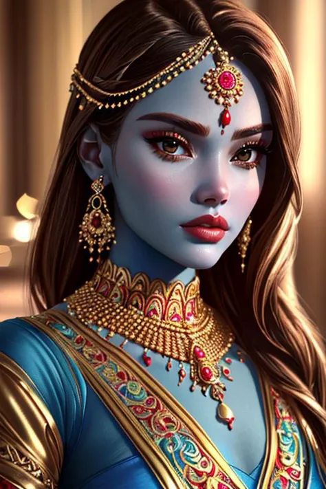 (Girls-Next_Door_Maddy) ((close-up, stunning, high quality, portrait, Hindu deity, (blue skin:1.12) pantyhose, ornate jewelry, intricate details, soft lighting, bokeh), surreal, mystical, goddess, divine, serene, oil painting, realistic, elegant, traditional), vibrant background, ethereal atmosphere