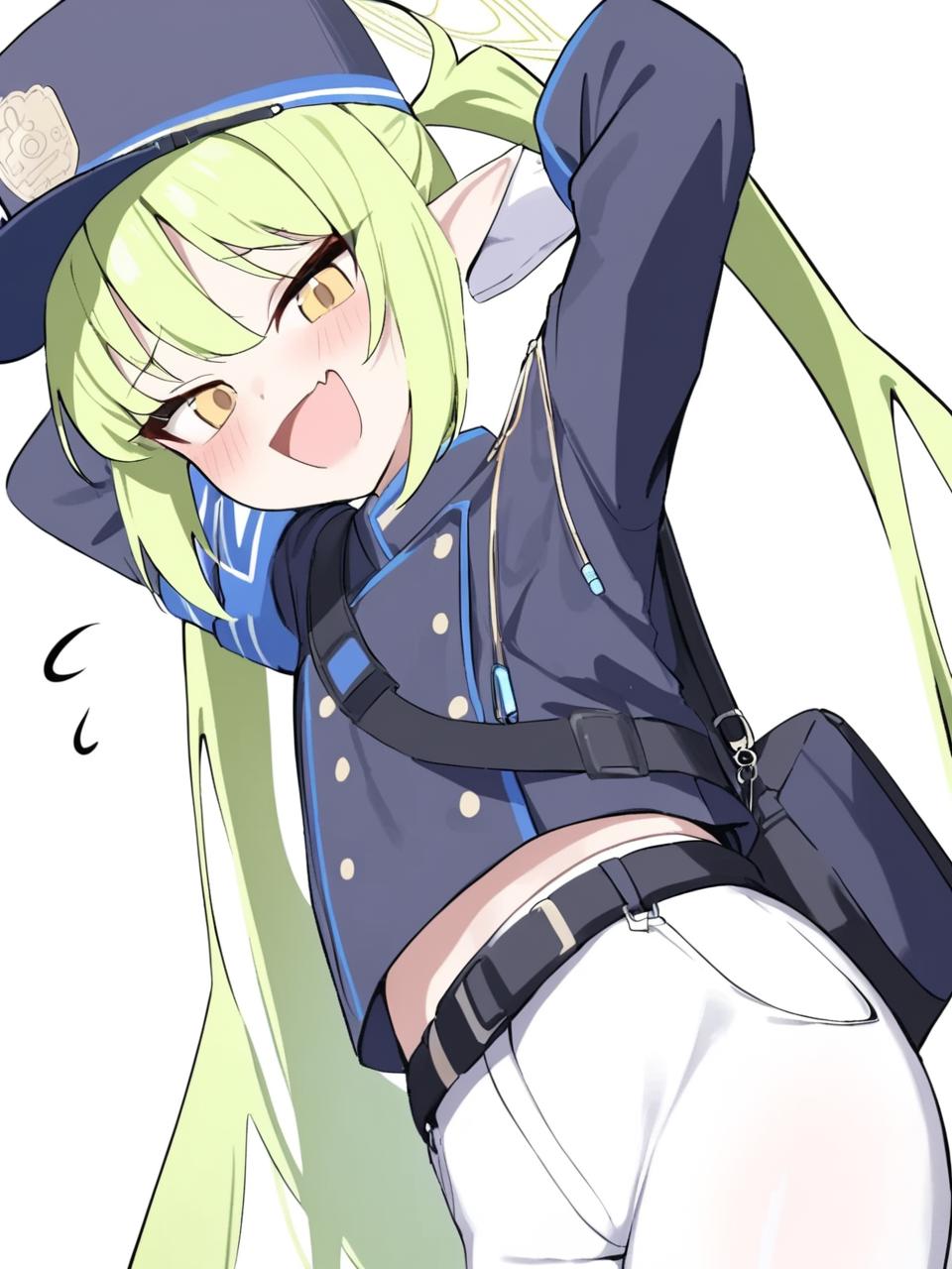 Anime girl with green hair and a blue uniform posing - SeaArt AI