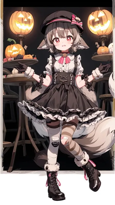 masterpiece, best quality, 1girl,
(halloween background:1.2)
<lora:OkuriSae-v1:0.8>
cabbie_hat, striped, red_ascot, red_bowtie,
two-tone_hair, brown_hair, animal_ears, ears_down,