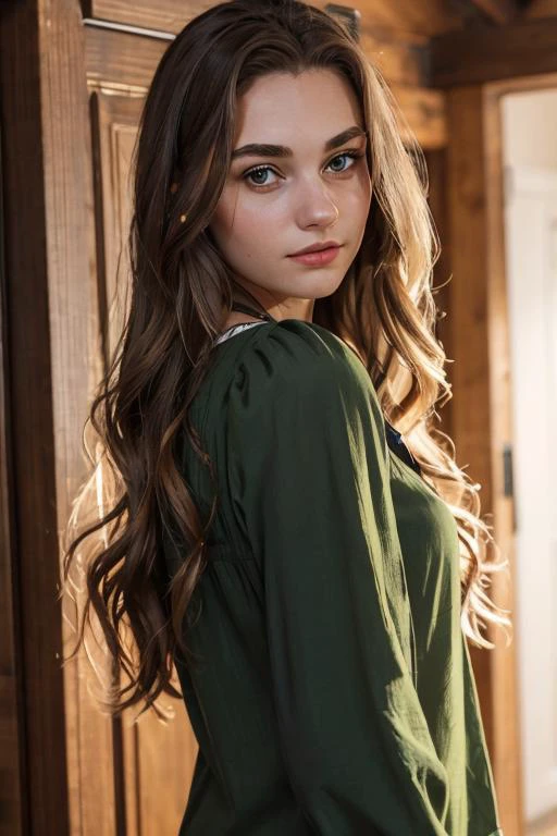 <lora:Helena:.7>, simple background, dark background, upper body, at front, portrait, <lora:GoodHands-vanilla:0.8> better_oppai, Pine Green blouse, long hair,
The lips rest naturally, without any hint of a smirk or pout, as the face looks forward.