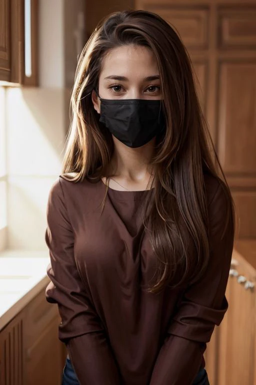 <lora:Azalea:.7>, simple background, upper body, at front, portrait, <lora:GoodHands-vanilla:0.8> better_oppai, Oxford Brown blouse, long hair,
The lower half of the face is hidden behind a surgical mask, with the top edge just below the eyes. The mask's surface is smooth and unwrinkled, indicating it has been recently put on. The eyes above the mask show a hint of curiosity and attentiveness.