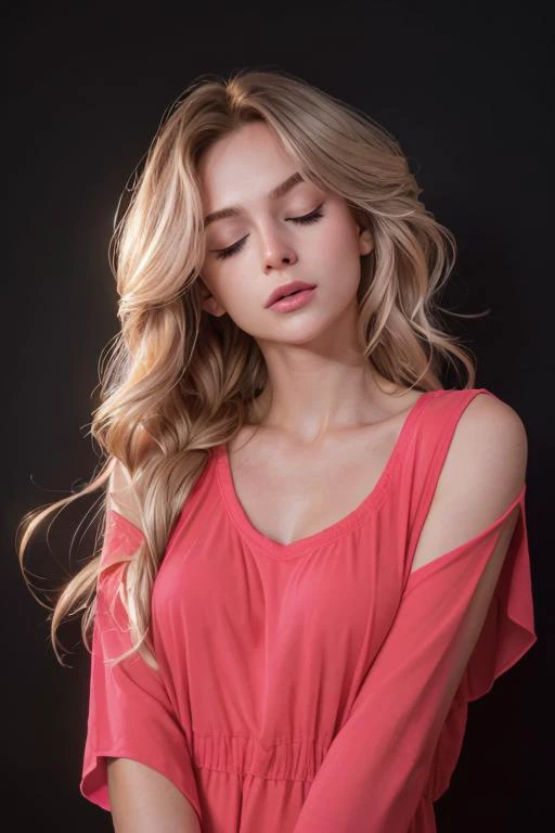 <lora:KallMeKris:.7>, simple background, dark background, upper body, at front, portrait, <lora:GoodHands-vanilla:0.8> better_oppai,  Fluorescent Pink blouse, long hair
Closed eyes and a parted mouth, breathing deeply, indicating heightened arousal.